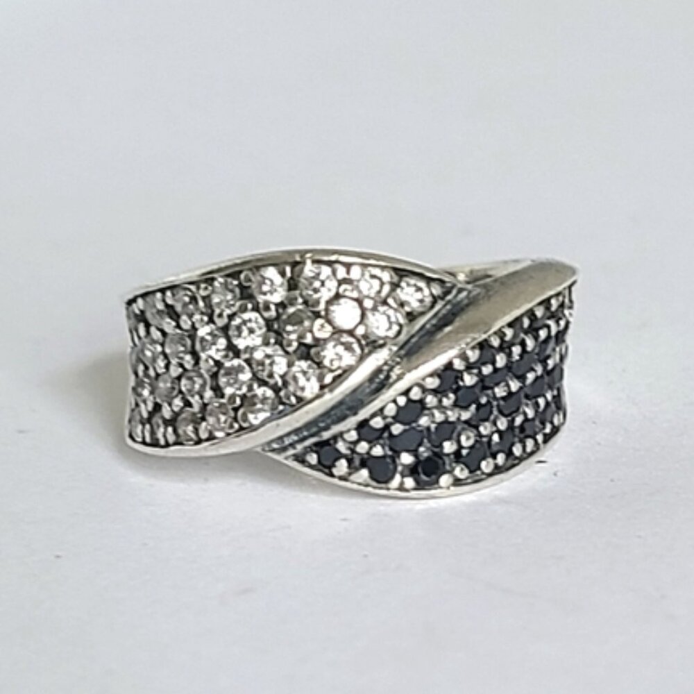 Vintage Boho 2 Tone Clear Black Spinel Crystal Colourblock Sterling Silver Ring